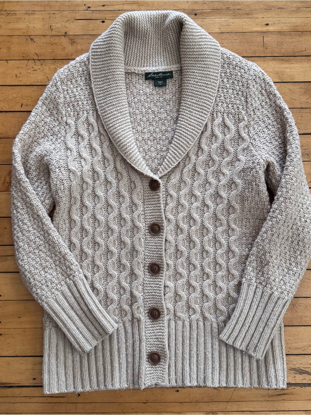 Eddie Bauer Cream Wool cardigan Cable Knit Sweater Wood Buttons medium